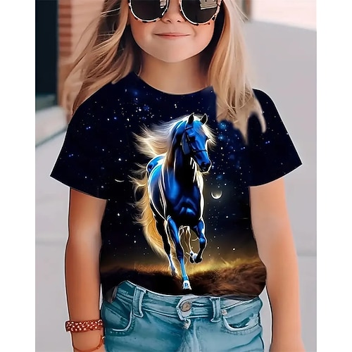 Mädchen 3D Pferd T-Shirt Kurzarm Sommer Frühling Mode Basic Kinder 4-12 Jahre Rundhalsausschnitt Outdoor Lässig Täglich Normale Passform Image
