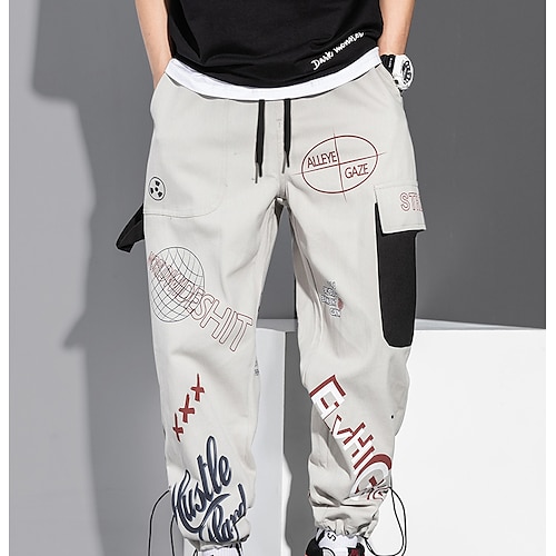 Herren Cargohose Cargohosen Cargohose Jogginghose Jogger Hose Hosen Kordelzug Elastische Taille Multi Pocket Grafik-Drucke Atmungsaktiv Weich Casual Täglich Modisch Strassenmode Schwarz Grau Image