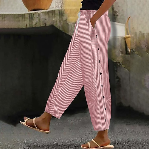 Damen Hose aus Baumwollleinen Stoffhosen Hosen Hose Streetwear Lässig Volle Länge Natürliche Taille Gestreift Tasche Elastisches Kordelzugdesign Atmungsaktivität Weich Mikroelastisch Lässig Image