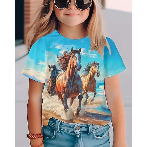 Mädchen 3D Pferd T-Shirt Kurzarm Sommer Frühling Mode Basic Kinder 4-12 Jahre Rundhalsausschnitt Outdoor Lässig Täglich Normale Passform Image
