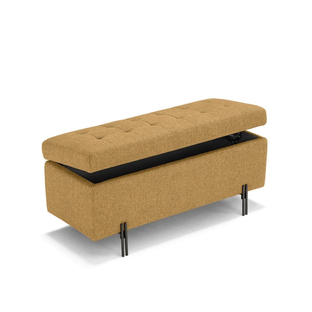 Banquette de rangement matelassée en tissu texturé ocre 110x45 cm