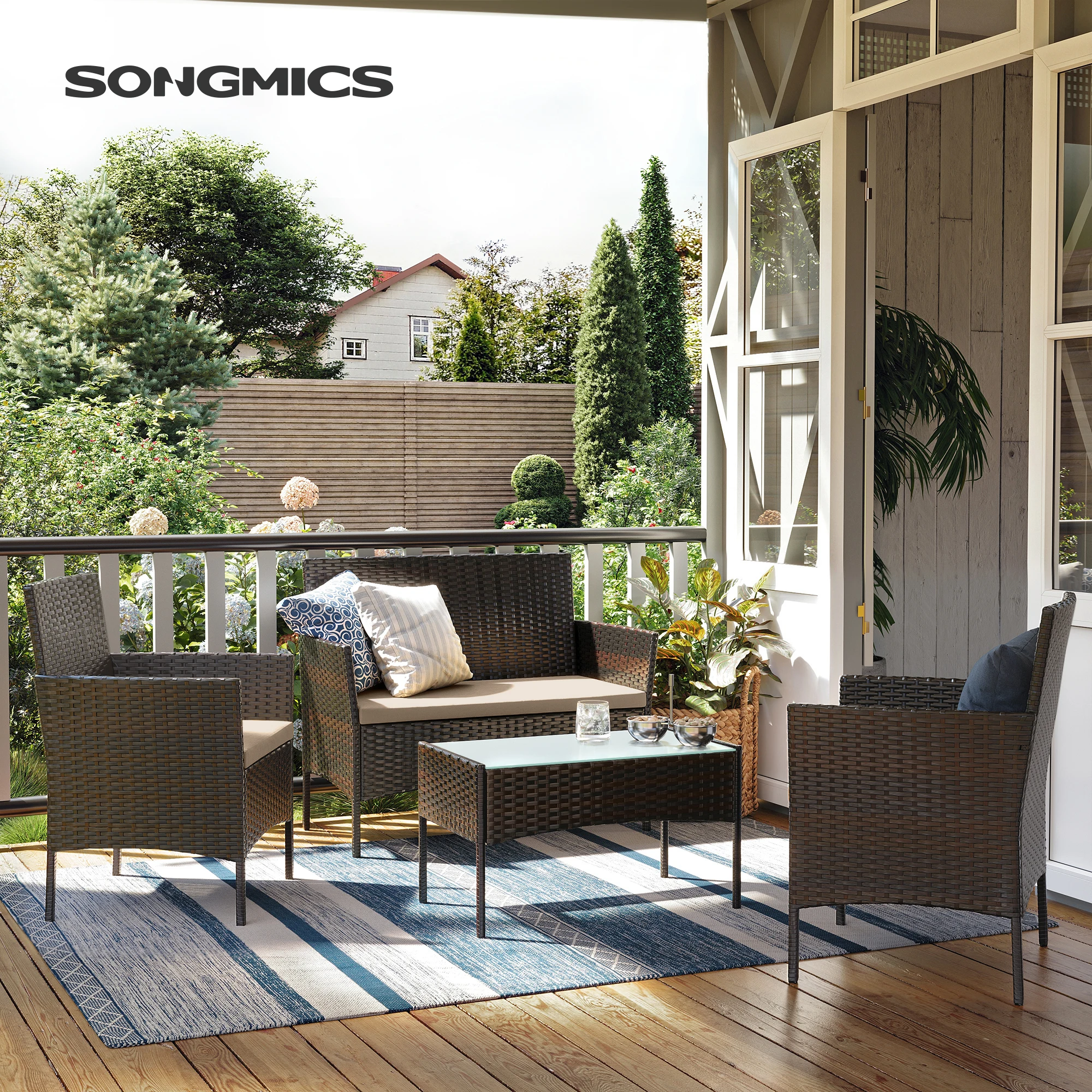 Salon de Jardin Extérieur, Ensemble de Mobilier, Surface Tressée en PE, Table et Chaises, pour Terrasse, Jardin, Balcon