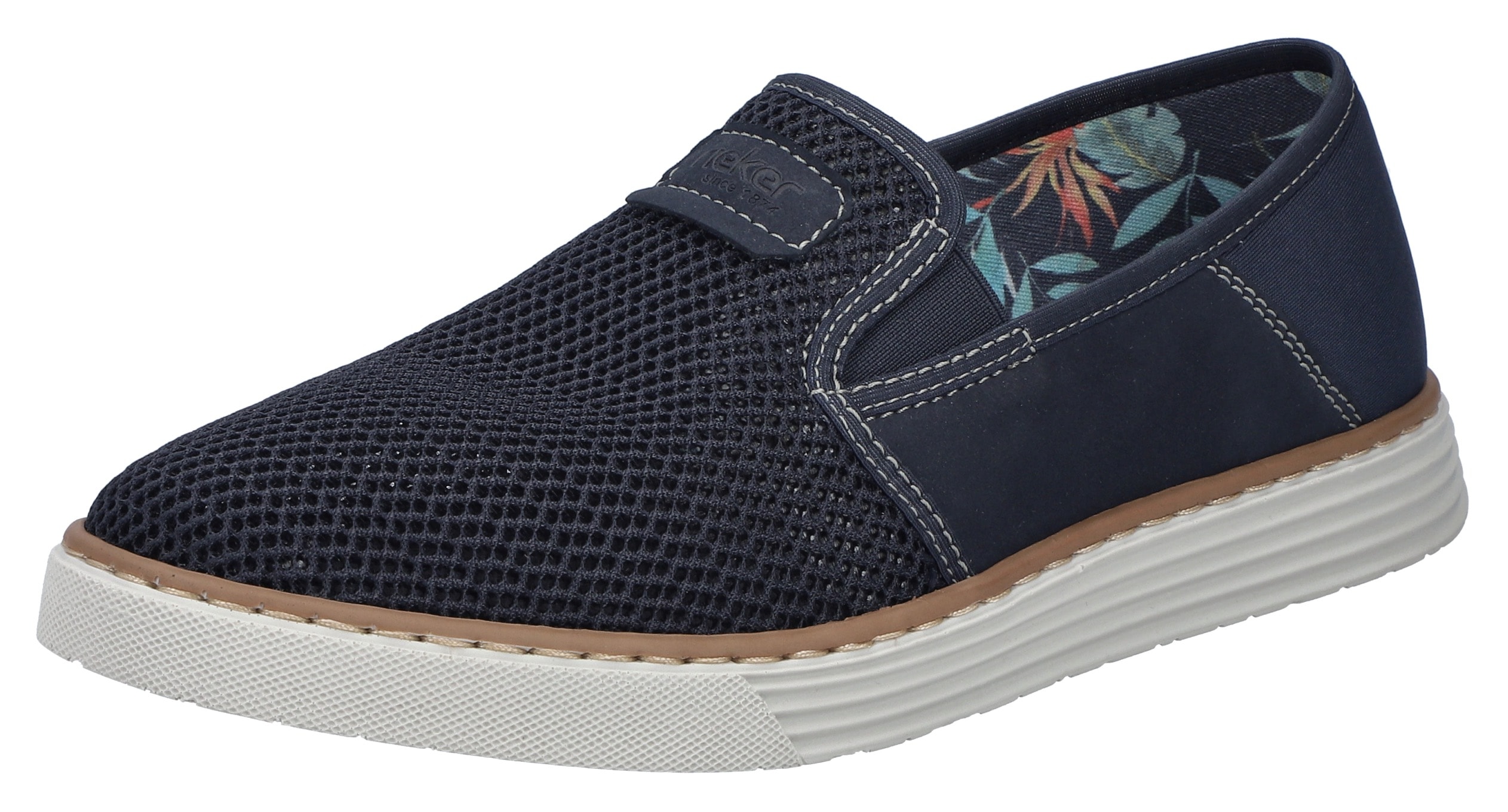 Slipper RIEKER, Herren, Gr. 45, blau (dunkelblau), Lederimitat, Textil, Schuhe Slipper, Espadrilles, Sommerschuh mit kontrastfarbenen Ziernähten