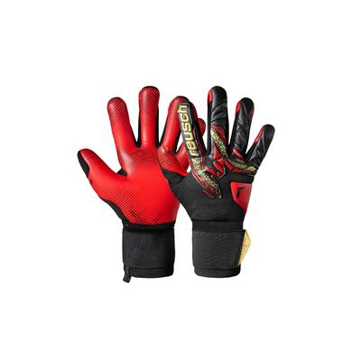 Torwarthandschuhe REUSCH "Attrakt Gold X GluePrint", Damen, Gr. 8,5, bunt (silberfarben, rot), 3% Polyamid, 4% Polyurethan, 59% Elastodien, 34% Polyester, mehrfarbig, sportlich, Handschuhe, mit Evolution Negative Cut