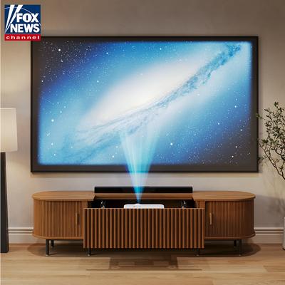 86" Mid-Century Modern Electric TV Stand for Projector, With Ultra-short Throw Projector Cabinet, Electrically Operated & Linkable to Projector, One-Click Automatic Telescopic Function, Remote Control,Vertical Slatted Design, Walnut Color
