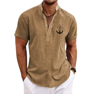Vintage Hawaiian Shirts Men's Henley Short Sleeve Tops 3D Anchor Graphic Clothing Daily Designer Apparel Streetwear Mens Shirts