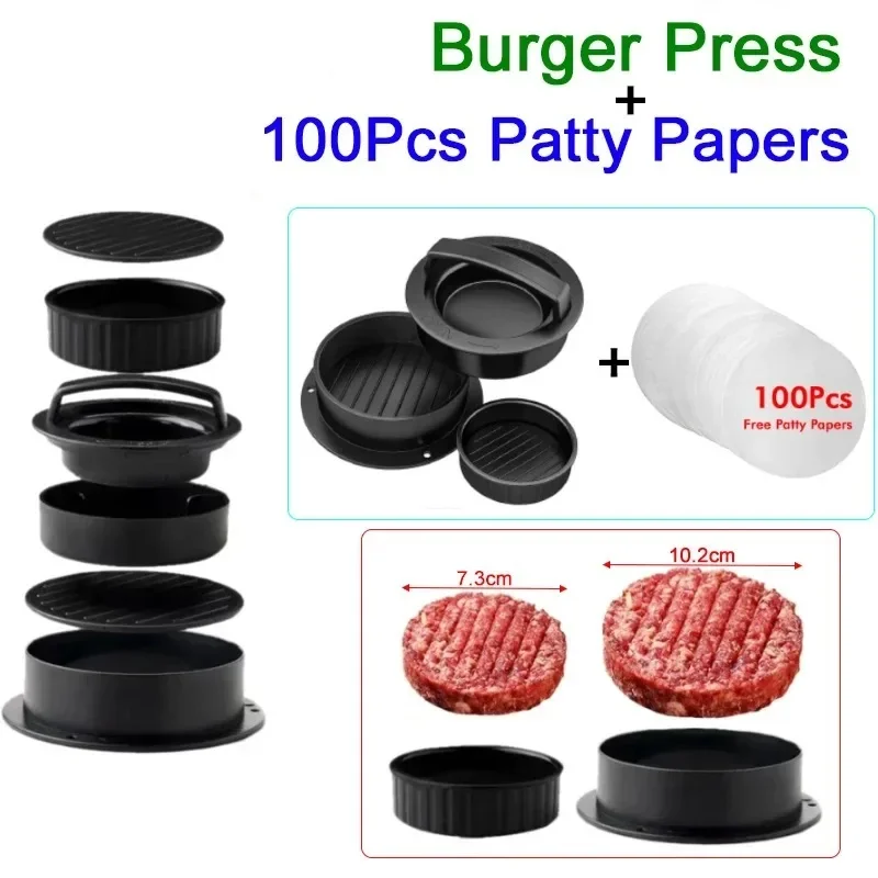Hamburger-Maker-Presse mit 100 Patty-Papiern, rund, antihaftbeschichtet, für Fleisch, Rindfleisch, Grill, Burger-Presse, Patty-Form Image