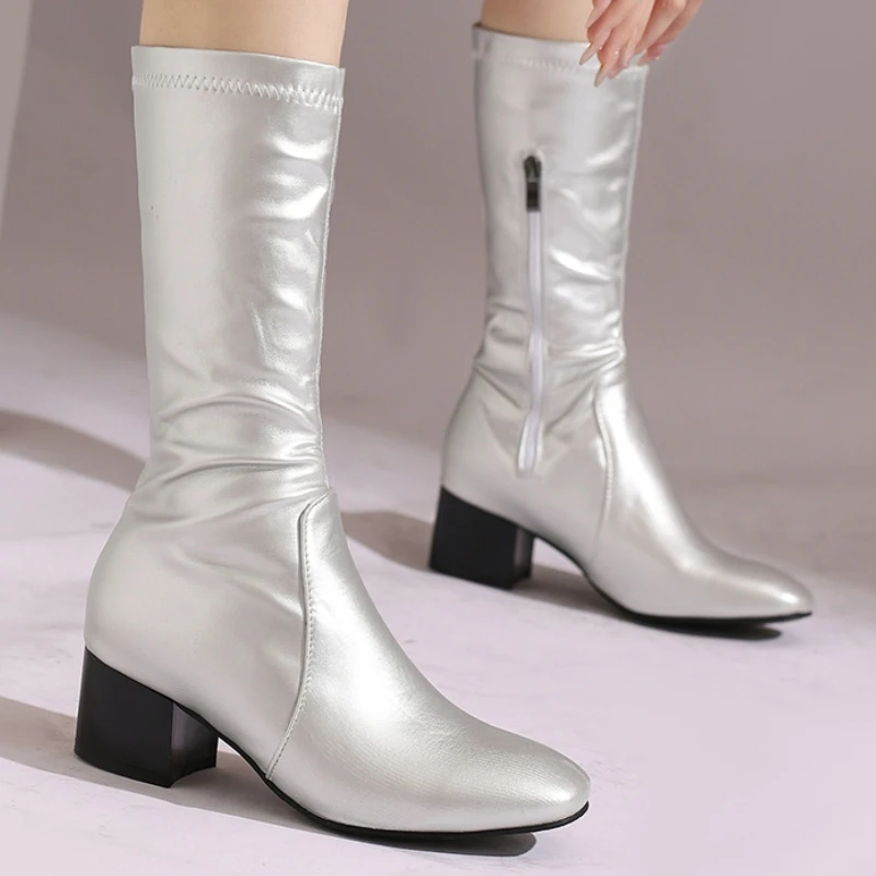 Bequeme Stiefeletten für Damen 2024, Winter, Herbst, Schwarz, Weiß, Silber, kurze Stiefel, niedrige Absätze, Schuhe, Schuhe, Dame, große Größe 45 50