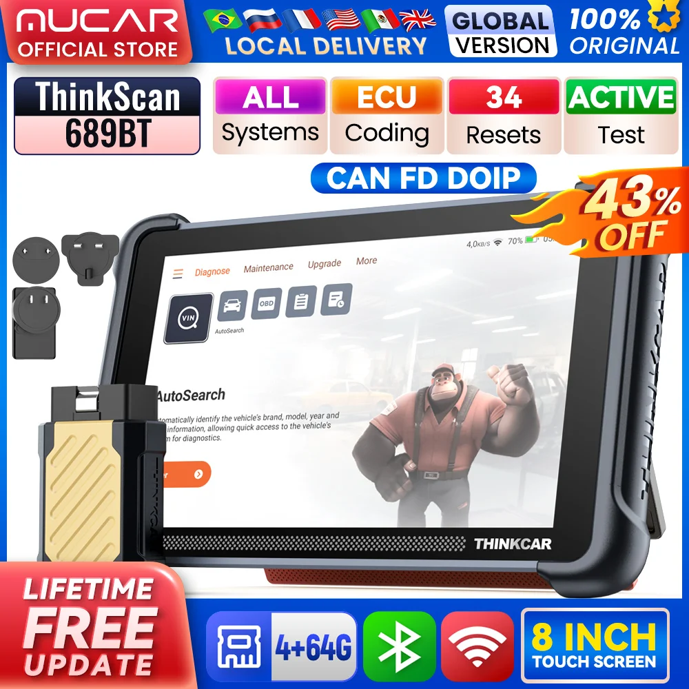 THINKCAR THINKSCAN 689BT All System Car Diagnostic Tool ActiveTest ECU Coding OBD2 Scanner 34 Services CAN FD DoIP Scan Tool Image