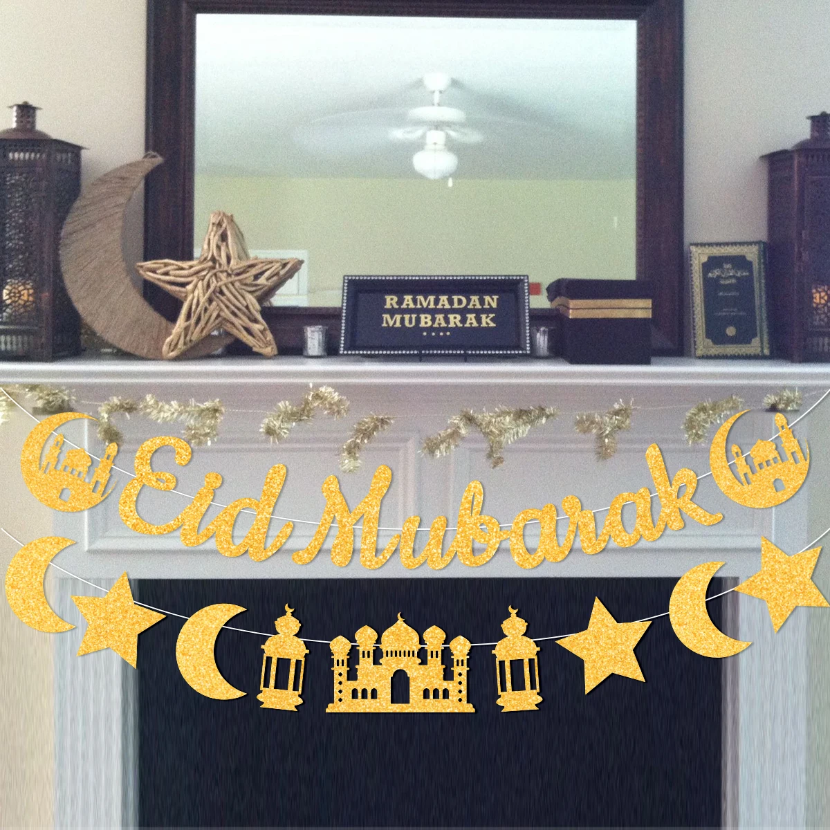 EID MUBARAK Banner Glitzer EID Stern Mond Brief Papier Wimpelkette Girlande Islamische Muslim Mubarak Ramadan Dekoration Partyzubehör Image