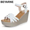 Hochwertige Sommer-Leder-Keilsandalen für Damen, 8 cm hoher Absatz, 2024, Größe 33, 34, 41, Plattform, offener Zehenbereich, eleganter Schuh, Schwarz, Weiß