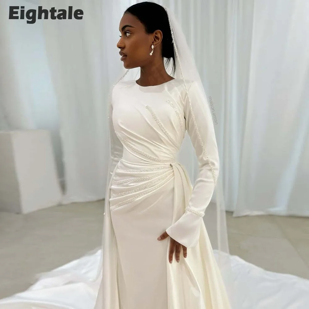 Eightale Arabisches Hochzeitskleid mit Perlen, O-Ausschnitt, individuell gestaltet, weiß, elfenbeinfarben, lange Ärmel, muslimisches Brautkleid, Robe De Mariée Image