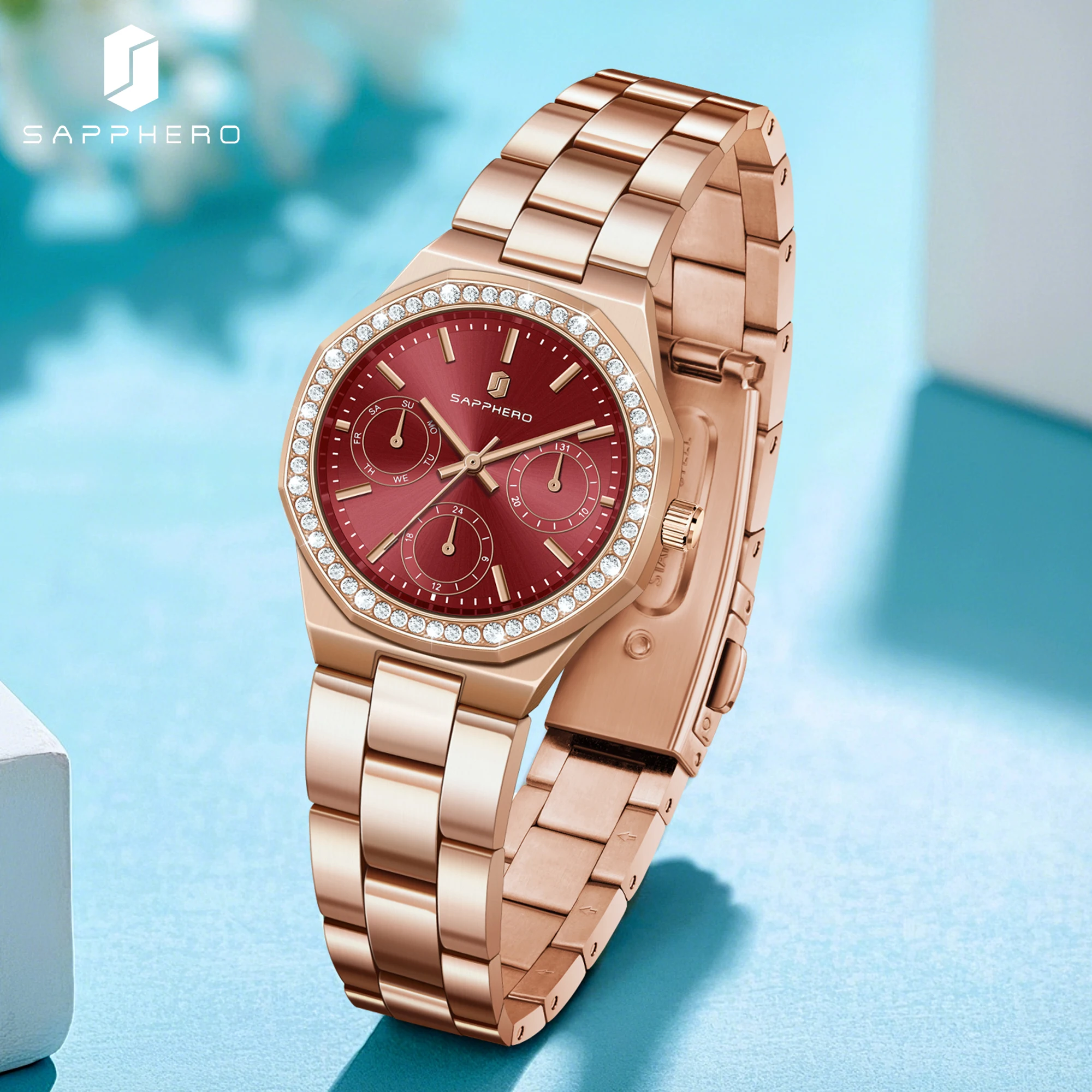 SAPPHERO Luxus Mode Roségold Uhr Elegante vielseitige Damenuhr Japan Uhrwerk Edelstahlarmband Urlaubsgeschenk Image