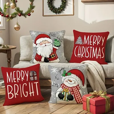 Ein Set mit 4 Weihnachtskissenbezügen – Weihnachtsmann- und Schneemann-Hallo-Winter-Design, Image