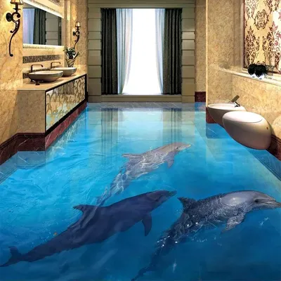Selbst klebende Boden Wandbild Tapete 3d Stereo Delphin Ozean Welt Badezimmer Wohnzimmer 3d Image