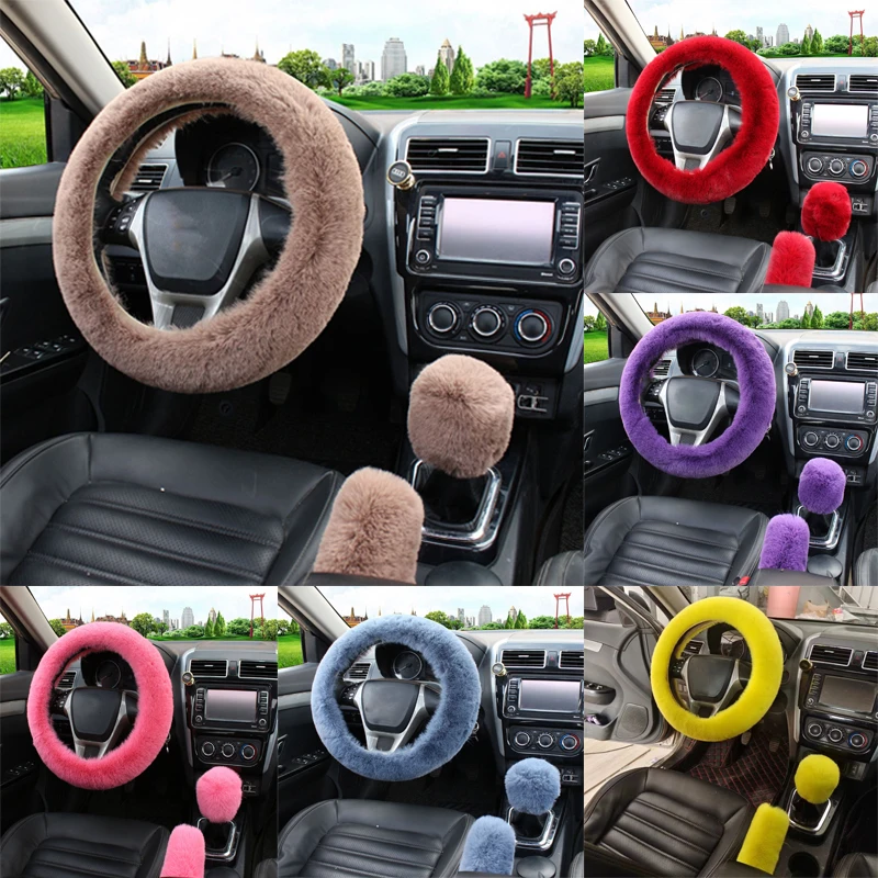 3 teile/satz Kunstwolle Auto Lenkrad abdeckung Kit weich warm Winter Handbremse Schalt schutz deckt Auto Interieur Zubehör Image