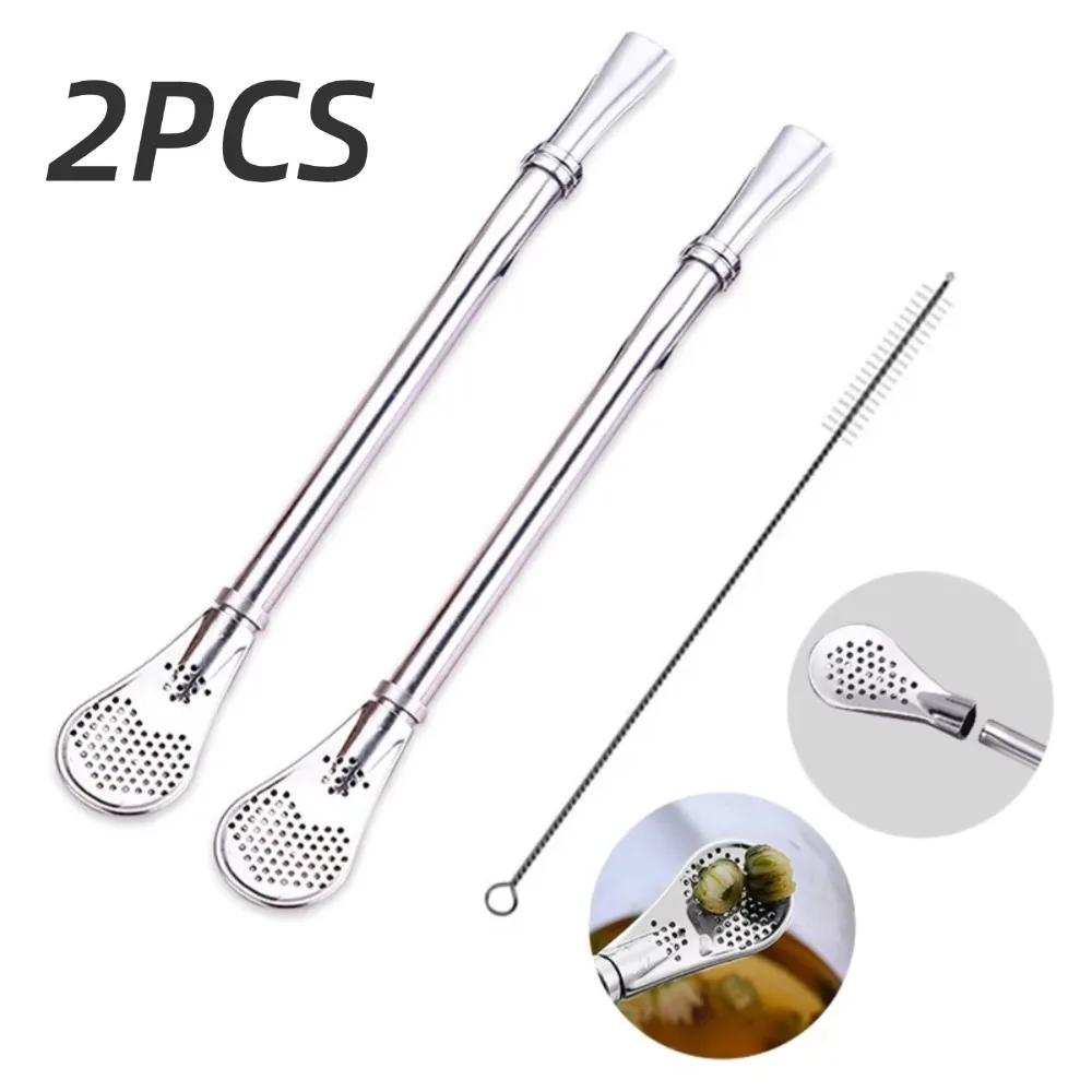 2Pcs Detachable Bombilla Filter Straw Stainless Steel Straw Spoon Tea Filter Yerba mate straw Reusable Bar Accessories