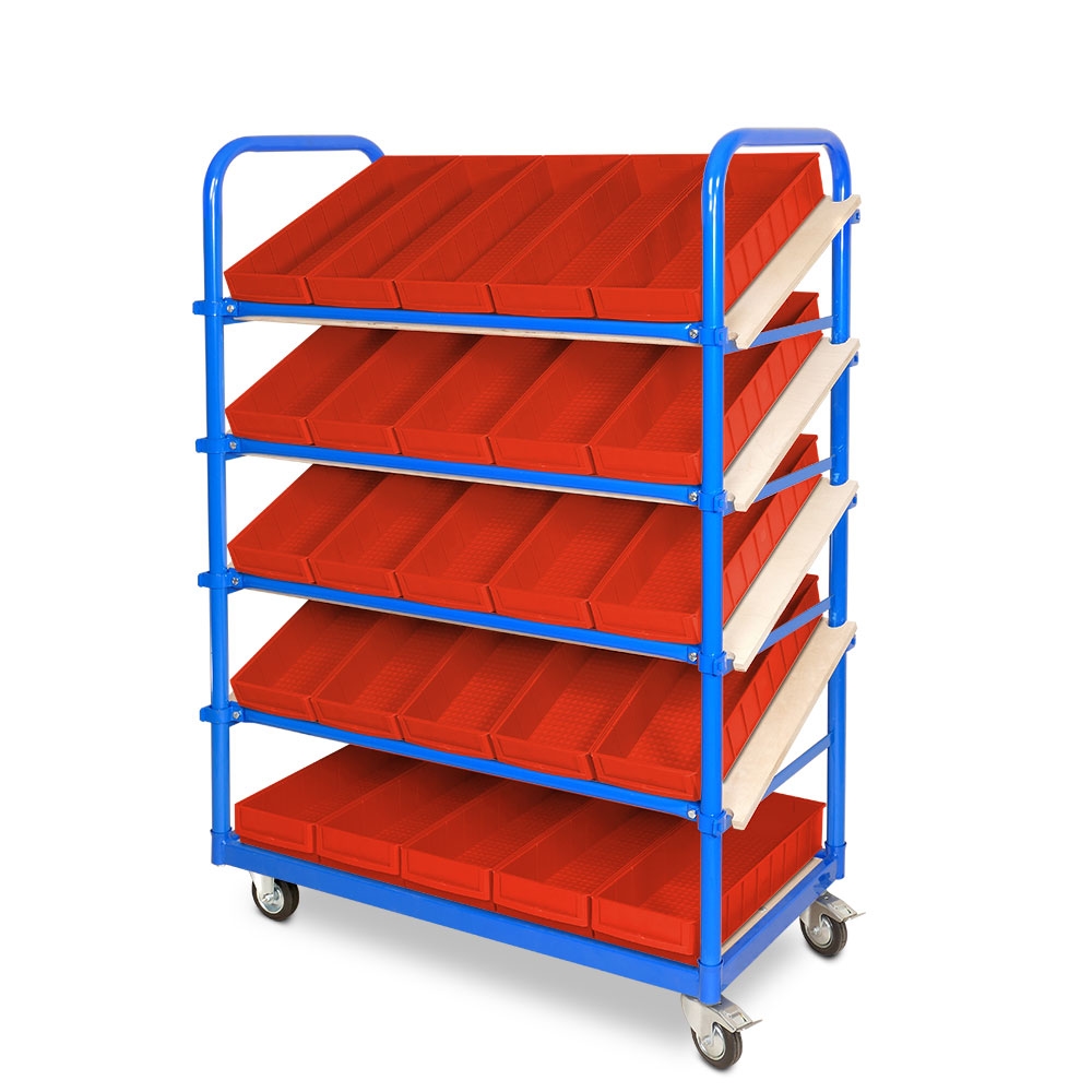 BRB Schrägboden-Regalwagen mit 5 Ebenen, BxTxH 1050x500x1450 mm, 2 Lenk- (mit Feststellbremse) u. 2 Bockrollen mit 25 Regalkästen Image