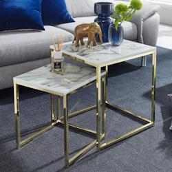 KADIMA DESIGN Design Beistelltisch 2er Set Weiß Marmor Optik Eckig, Couchtisch 2-teilig Tischgestell Metall Gold, Kleine Wohnzimmertische, Moderne Satztische