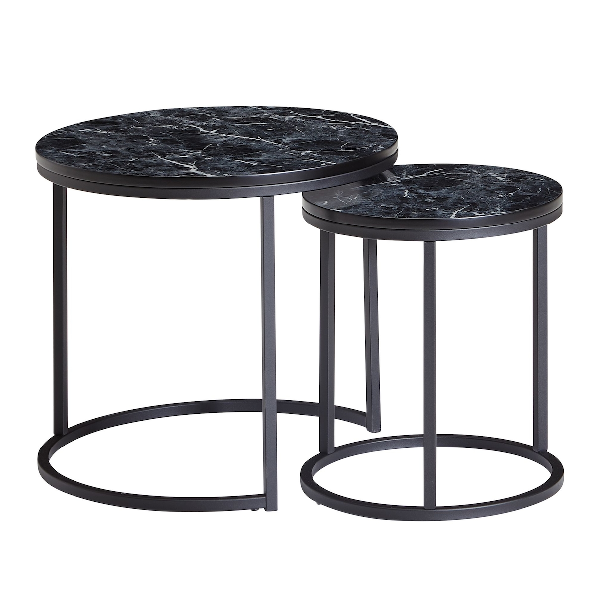 KADIMA DESIGN Design Beistelltisch 2er Set Schwarz Marmor Optik Rund, Couchtisch 2-teilig Tischgestell Metall , Kleine Wohnzimmertische, Moderne Image
