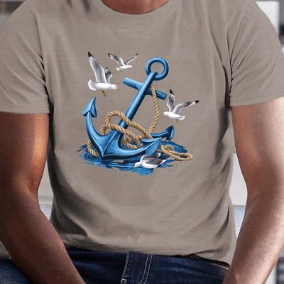 TEMU Casual Short-sleeve T-shirts For Big And Tall Men, Featuring A Nautical Design With An Anchor Print, Summer Wear, Plus Size Image