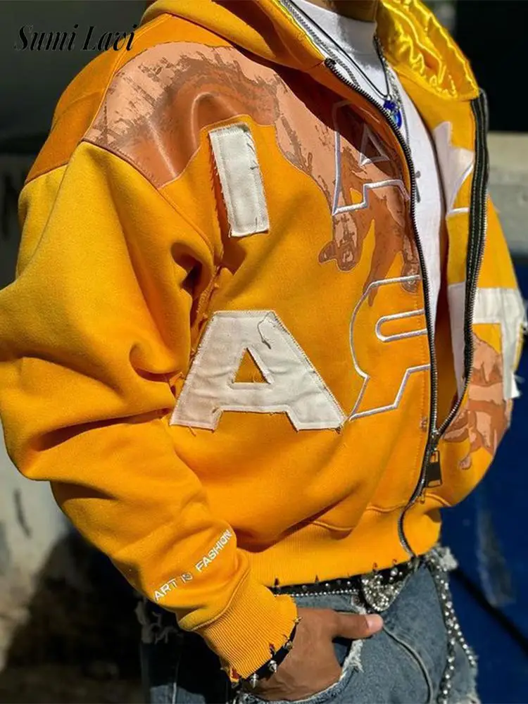 Trendy Baggy Hooded Cardigan Herren Y2K Pattern Print Loose Zip-up Hoodie Sweatshirt Herren Frühling Hip Hop Langarm Hoodies Unisex