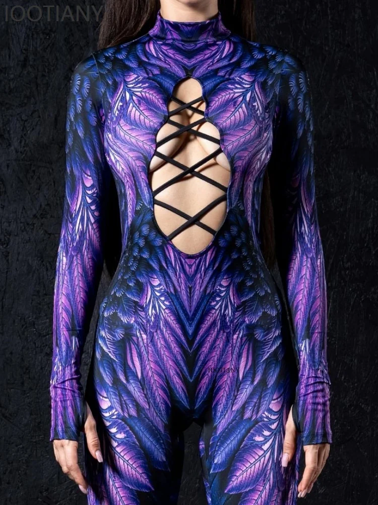 Neue Halloween 3D Party Lila Sexy Hohl Druck Strumpfhosen Stretch Cyberpunk Steam Strumpfhosen Cosplay Kostüm Body Bühne Rolle Spielen