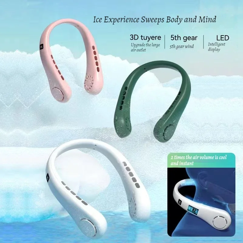 USB wiederaufladbar für Arbeit, Reisen, Sport, tragbar, freihändig, blattlos, hängende Halsventilatoren mit Bildschirmanzeige und 5 Geschwindigkeitsstufen, Image