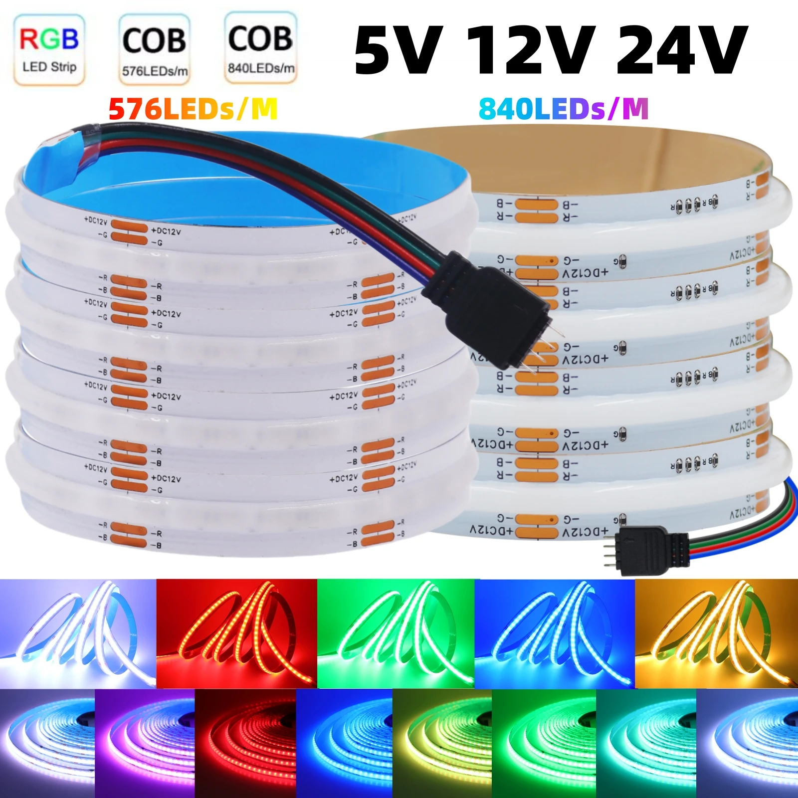 4Pin 10mm PCB RGB COB LED Streifen Licht 5V 12V 24V DC RA90 576 840 LEDs/m Hohe Helle Bunte Flexible Lineare Band Bar Beleuchtung Image