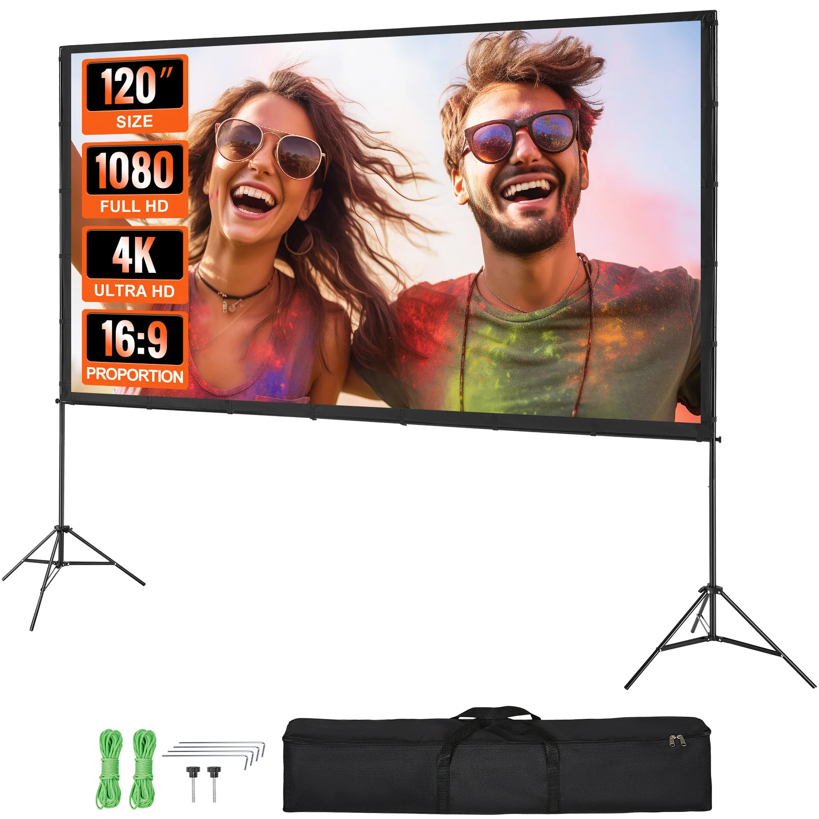 SucceBuy Projektor-Leinwand mit Ständer, 100, 120, 150 Zoll, 16:9, 4K 1080 HD, tragbare Projektionswand für Zuhause, Büro, Theater, Kino Image