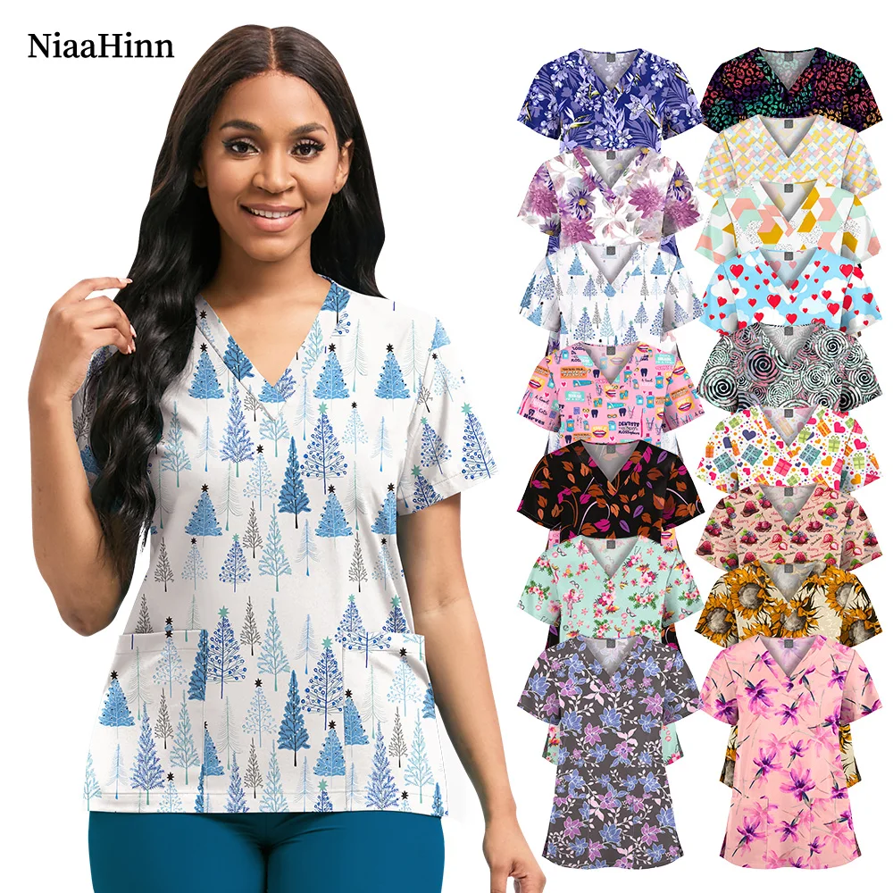 Floral Bedruckte Hundesalon Arbeitsuniform Frauen Kurzarm V-ausschnitt Tops Weibliche Chirurgische Bluse Krankenschwester Arbeitskleidung Medizinische T-shirt Image