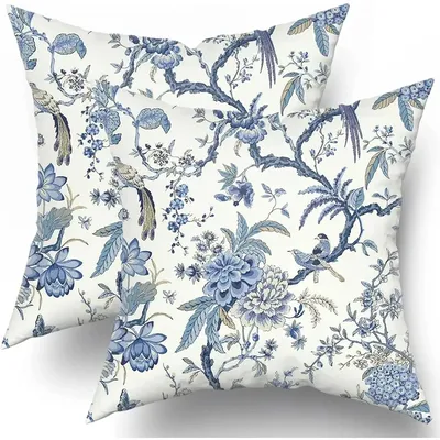 Chinoiserie-Kissenbezüge, 2er-Set, blau und weiß, für den Außenbereich, blaue Vögel, Blumen, Image