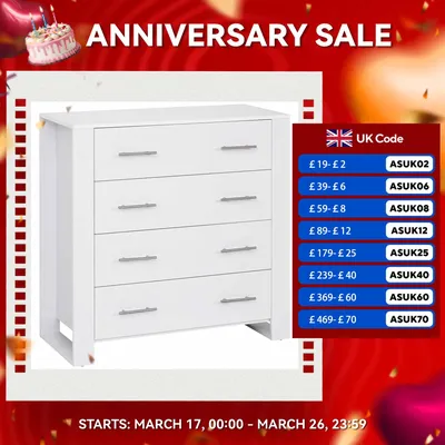 HOMCOM Chest Of 4 Drawers Home Storage Clothes Cabinet Metal Handles Base White