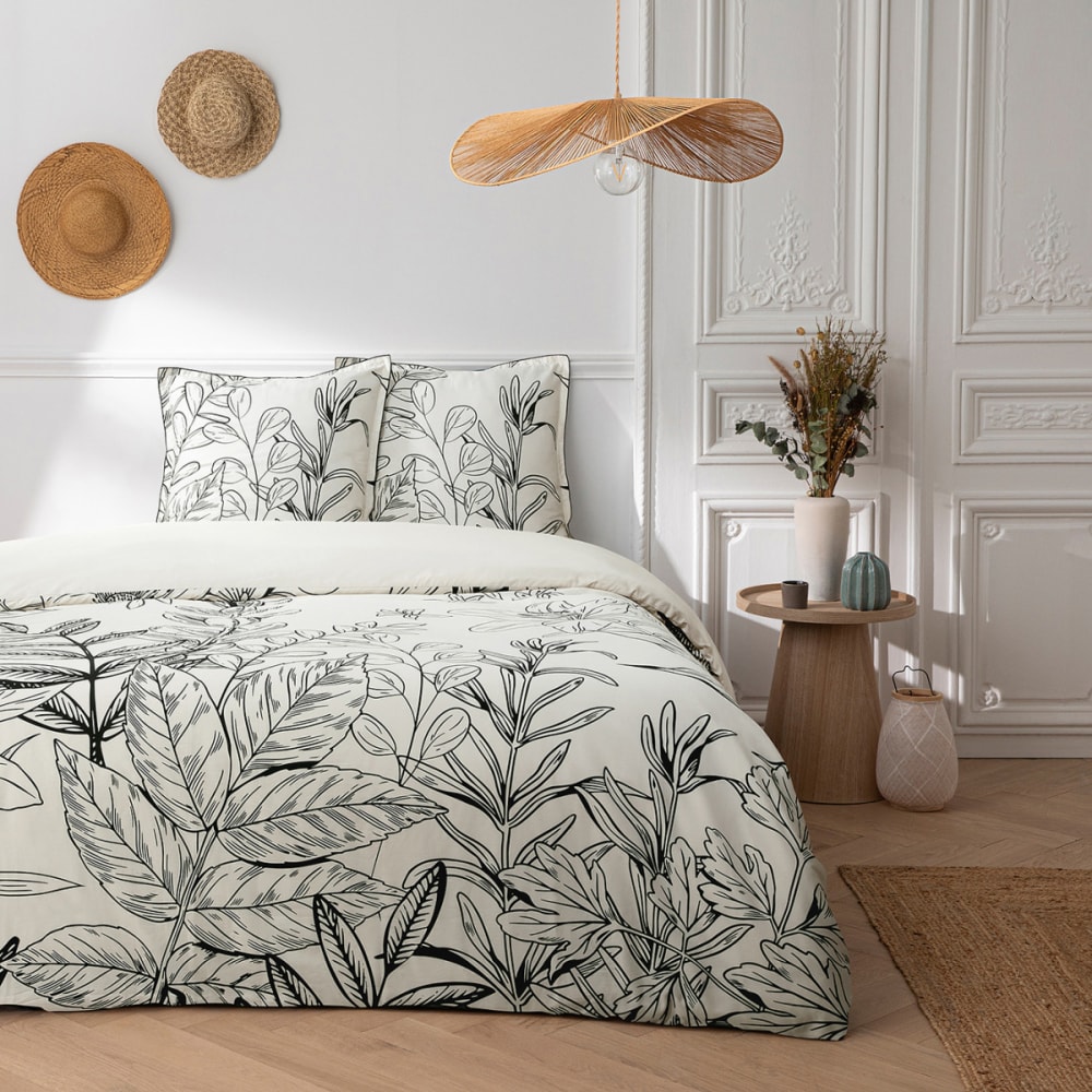 Parure de lit 2 personnes en satin de coton imprimé végétal 240x220cm