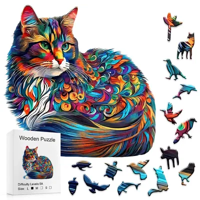 Wooden Puzzles for Adults, Colorful Cat Jigsaw Puzzles Animal Unique Shaped Wood Cut Puzzle Gifts