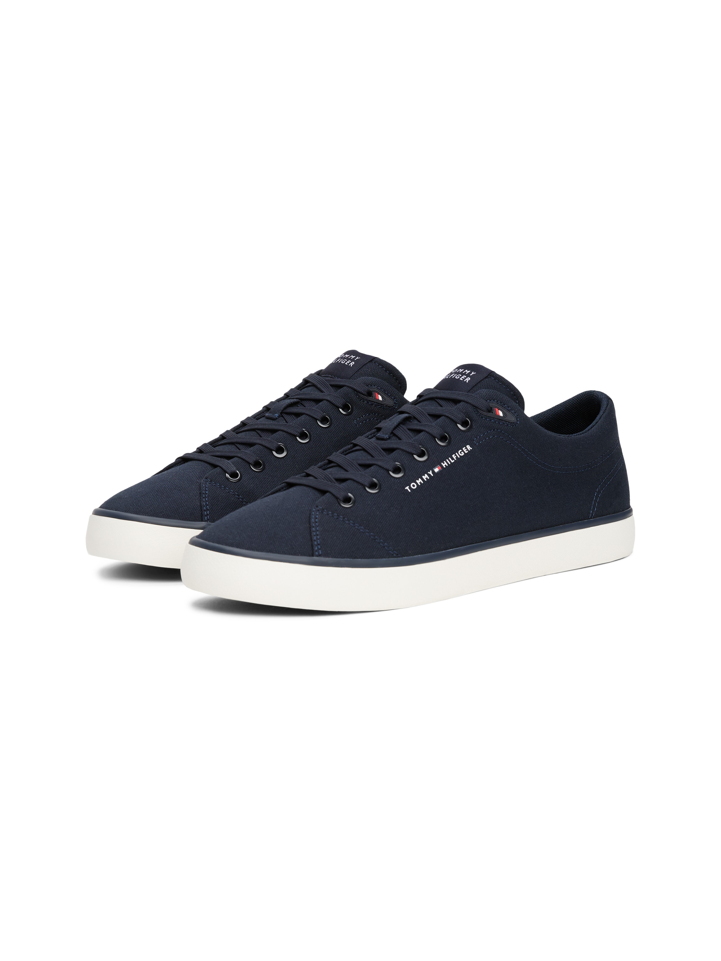 Sneaker TOMMY HILFIGER "TH HI VULC LOW CORE CANVAS", Herren, Gr. 48, blau (dunkelblau), Textil, Schuhe Sneaker, Freizeitschuh, Halbschuh, Schnürer mit weich gepolstertem Schaftrand
