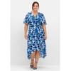 Abendkleid SHEEGO "Große Größen", Damen, Gr. 46, Normalgrößen, blau (kobalt gemustert), Obermaterial: 100% Polyester;Futter: 100% Polyester, gemustert, elegant, figurumspielend lang, V-Ausschnitt, Kurzarm, Kleider, aus Chiffon, in Wickeloptik