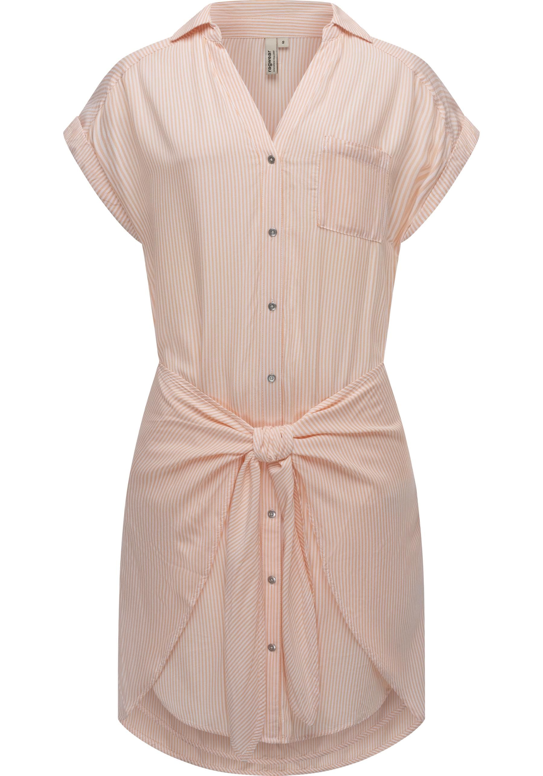 Blusenkleid RAGWEAR "Bahaya Stripe", Damen, Gr. M (38), Normalgrößen, orange (pfirsich), 100% Viskose, figurumspielend ca. Mitte Oberschenkel, V-Ausschnitt, weit Umschlagbund, Kleider Blusenkleid, gestreiftes Damen Sommerkleid mit Bindeband