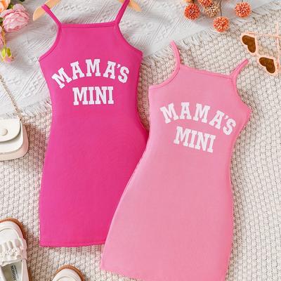 TEMU 2pcs Girls' Sleeveless Letter Print Sundress - Casual Summer Dresses With Stretch, Spring/summer Image