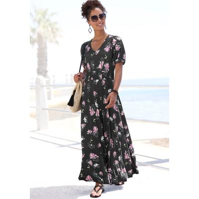 Maxikleid VIVANCE, Damen, Gr. 34, N-Gr, schwarz, mauve bedruckt, Jersey, Obermaterial: 100% Viskose, bedruckt, geblümt, modisch, figurumspielend knöchelfrei, V-Ausschnitt, Kurzarm mit innenliegendem Gummizug, Kleider, mit Blumendruck und leichten... Image