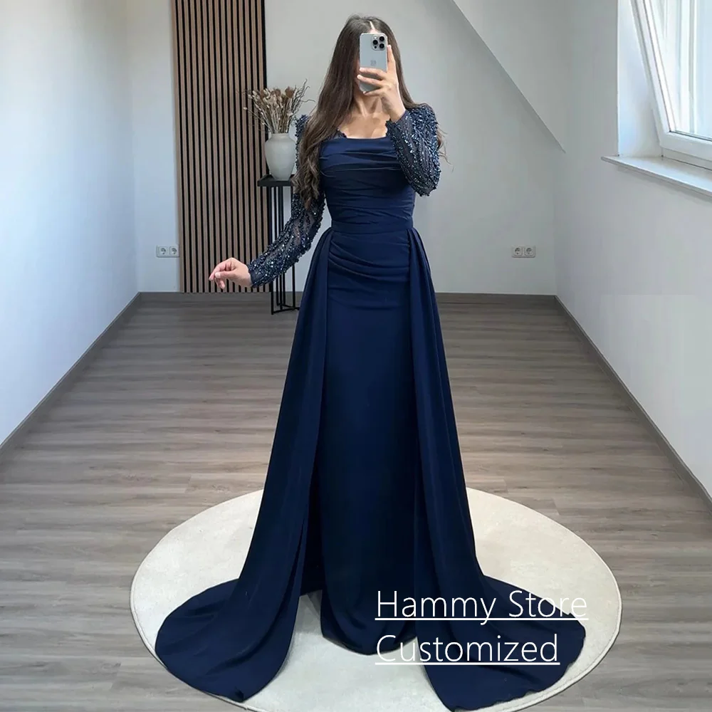 Navy Evening Dress for Woman Customized Long Sleeves Beading Sequined Straight Prom Gown with Train Party Robe De Soiree