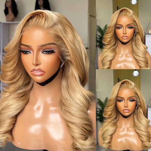 Brasilianisches reines Haar lose Welle farbige klebefreie 5x5 Verschlussperücken Honigblond Lace Frontalperücke vorgezupft für Frauen Image