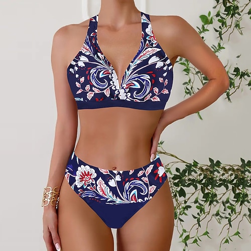 Damen Badeanzug Bikini Tankini Zweiteilig Freche Unterhose Bademode Tiefes V Push-Up Gestrickt Urlaub Tropisch Blumen Farbblock Stürzen Ärmellos Badeanzüge Image