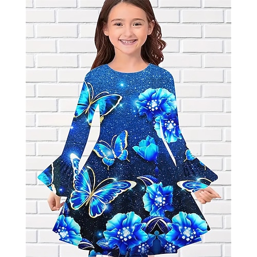 Mädchen' 3D Schmetterling Kleid Rüschenkleid Langarm Sommer Frühling Urlaub Täglich Ferien Schön Süß Kinder 4-12 Jahre Freizeitkleid Knielang Normale Passform Image