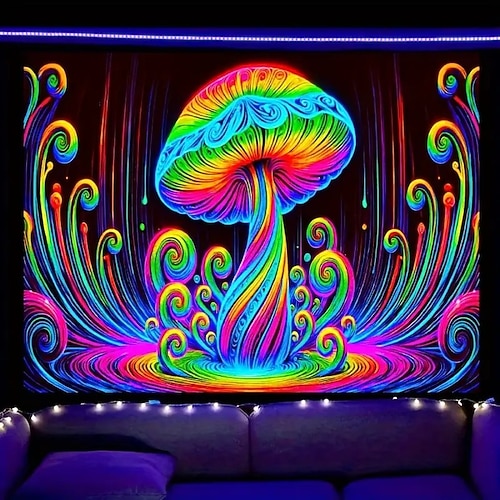 Schwarzlicht Wandteppich leuchtet im Dunkeln Leuchten-Party UV-reaktiv träumerischer nebliger Pilz Natur Landschaft hängender Wandteppich Wandkunst Mural für Wohnzimmer Schlafzimmer Image
