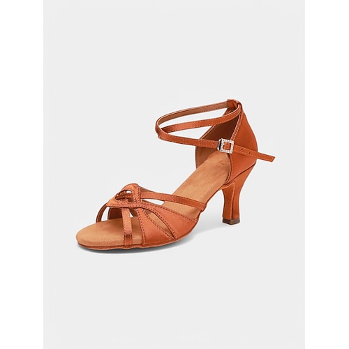Damen-Latein-Tanzschuhe mit Riemchen und mittlerem Absatz in Hellbraun – professionelle Sandalen für Gesellschaftstanz und Salsa Image