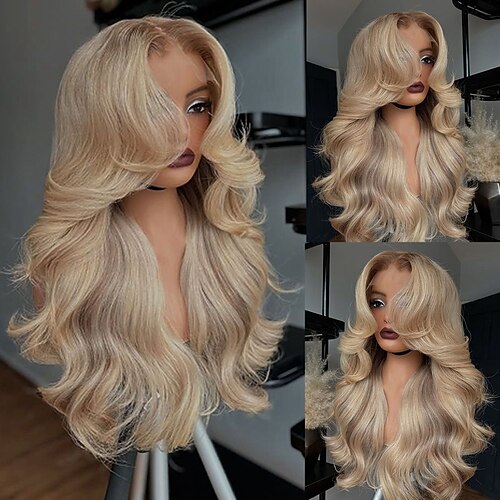 Remy Echthaar 5x5 Verschluss 13x4 Spitzenfront Perücke Freier Scheitel Brasilianisches Haar Gewellt Blond Mehrfarbig Perücke 130% 150% Haardichte Ombre-Haar Hervorgehobenes / Balayage-Haar Image