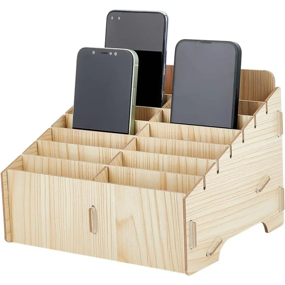 14-Fächer-Handy-Organizer aus Holz, Schreibtisch-Organizer für Klassenzimmer, Büro, Schreibtisch-Aufbewahrung, Weizenfarbe 8,6 x 6,9 x 5,9 Zoll
