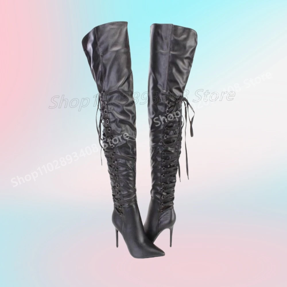Zurück Riemchen Kreuz Gebunden Über die Knie Stiefel Spitze Zehen Sexy Stiletto High Heel Frauen Schuhe 2025, Heiße Mädchen Zapatos Para Mujere