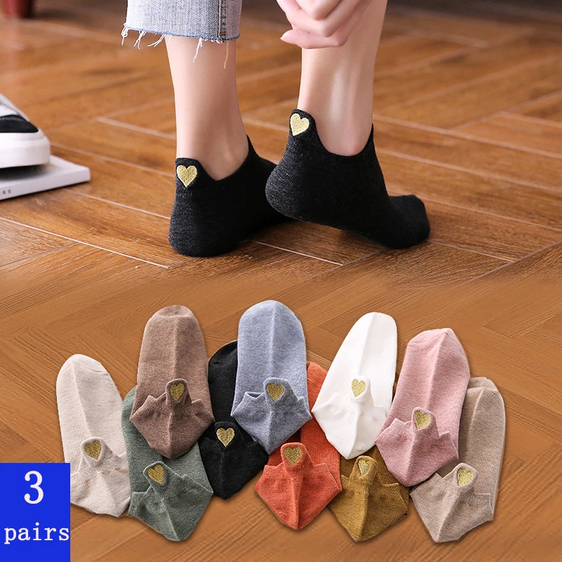3 Paare/los Frau Baumwolle Knöchel Mode Herz Stickerei Bunte Mädchen Sox Neuheit Casual Low Cut Kurze Sommer Nette Socken Image